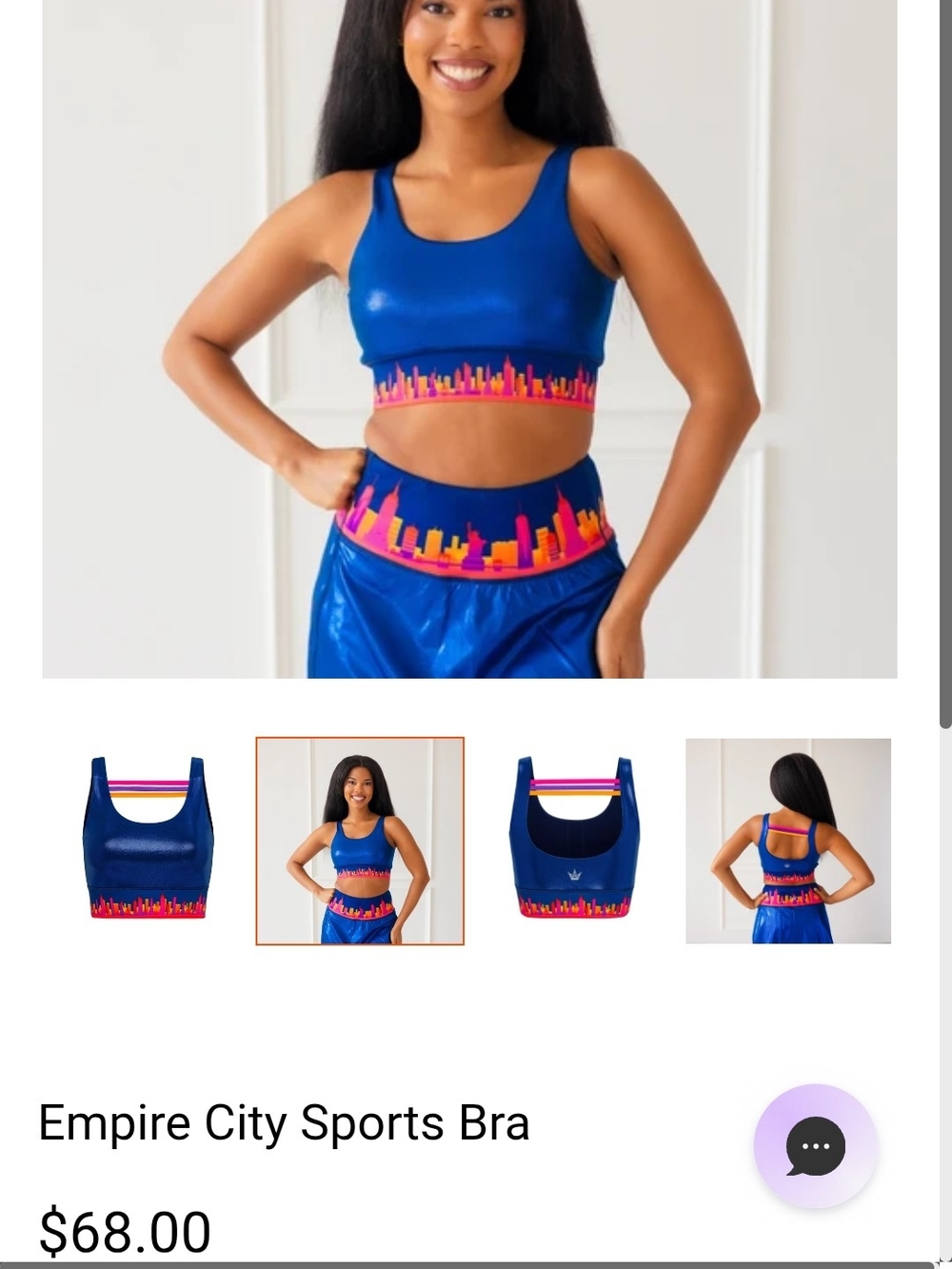 Empire City Sports Bra — Royal Blue with Pink & Orange Skyline